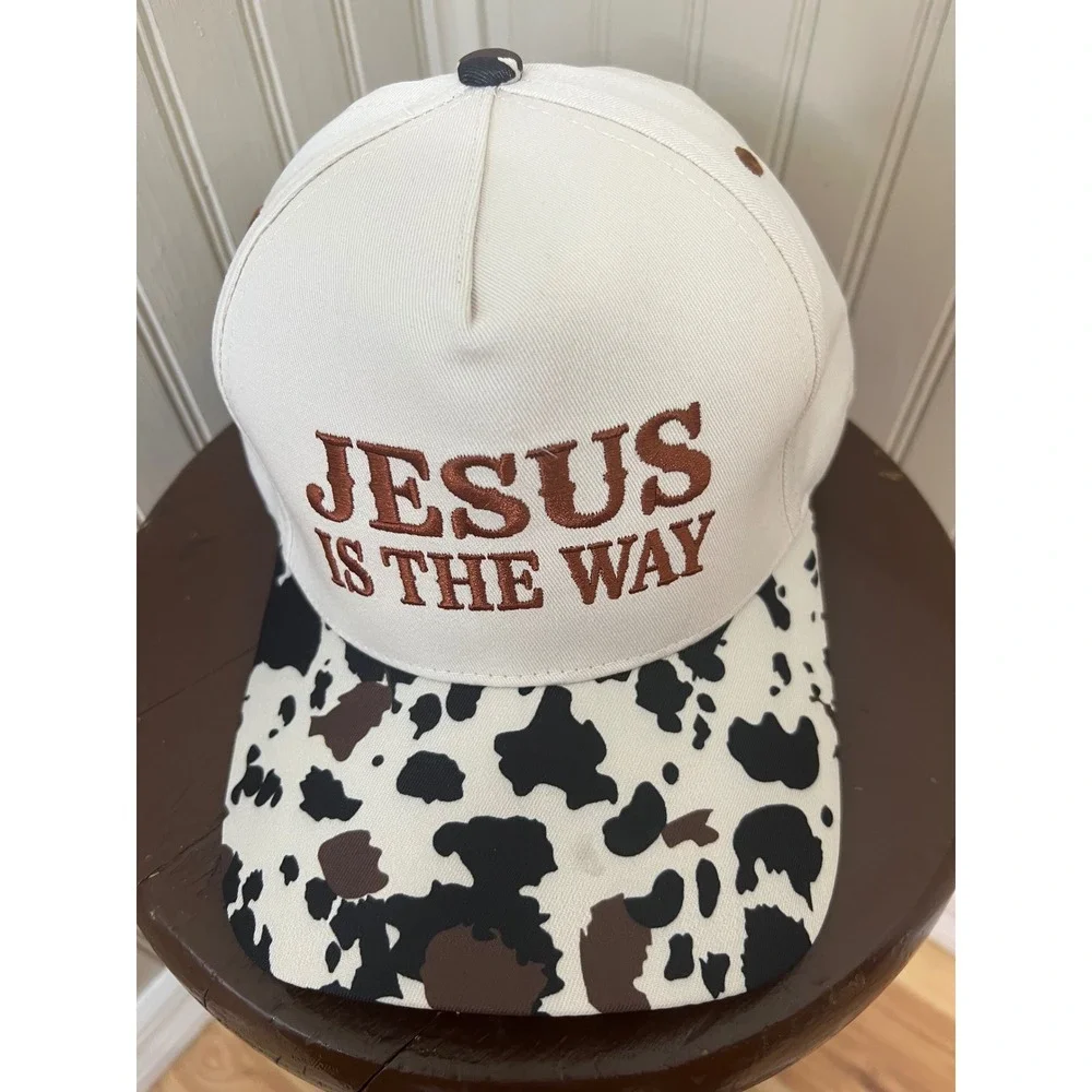 Jesus Is The Way Trucker Hat Cow Print Brim Cream Snapback Baseball Cap